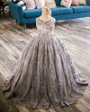 6th Annual Clearance Sale: RETIRED RENTAL: The Asher Gown in GREY WITH a Tutu SEWN IN: Size 12, fits 8-14 +