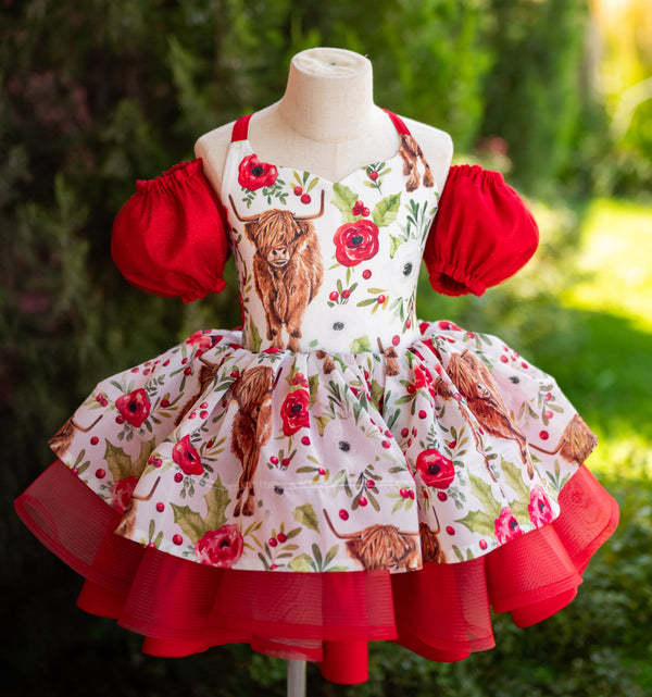 RTS Sale: Size 6, fits 4-8: 'Highland Coos' in Red