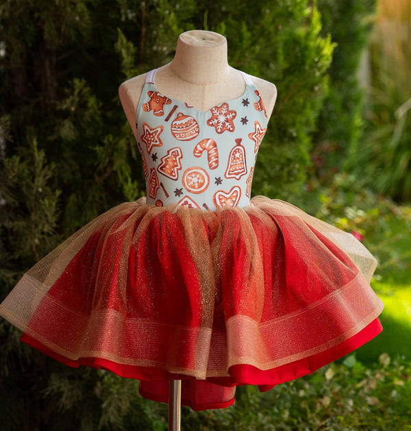 READY to SHIP Sale: Size 6, fits 4-8: 'Red and Gold Gingerbread'