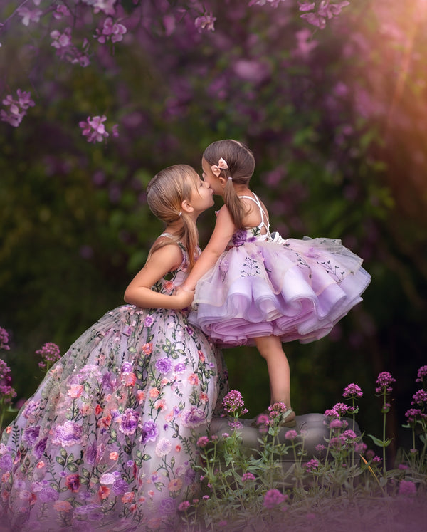 Traveling Rental Dress: Lavender Floral Sister Set: Full length size 6, 4-8. Shortie size 3, fits 1-5