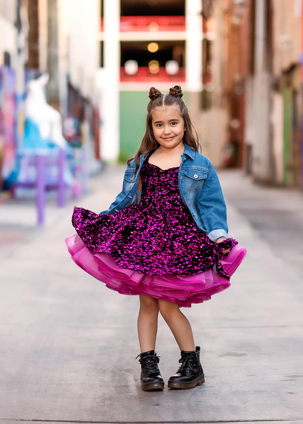 Traveling Rental Dress: Rocker Girl Glam Gown: Velvet Sequins in Black and Hot Pink: Size 5, fits 3-7 +