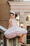 6th Annual Clearance Sale: RETIRED RENTAL: The "Josephine" Gown in Sparkle Rose: Size 12 MIDI LENGTH, fits sizes 8-petite 14
