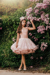 6th Annual Clearance Sale: RETIRED RENTAL: The "Josephine" Gown in Sparkle Rose: Size 12 MIDI LENGTH, fits sizes 8-petite 14