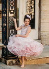 6th Annual Clearance Sale: RETIRED RENTAL: The "Josephine" Gown in Sparkle Rose: Size 12 MIDI LENGTH, fits sizes 8-petite 14