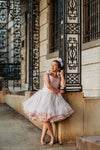 6th Annual Clearance Sale: RETIRED RENTAL: The "Josephine" Gown in Sparkle Rose: Size 12 MIDI LENGTH, fits sizes 8-petite 14