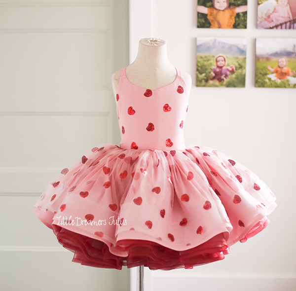 READY to SHIP: The Rosalind in Red Hearts/Pink Taffeta/Red Glitter Layers: Size 7, fits sizes 5-9 best