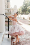 6th Annual Clearance Sale: RETIRED RENTAL: The "Josephine" Gown in Sparkle Rose: Size 12 MIDI LENGTH, fits sizes 8-petite 14