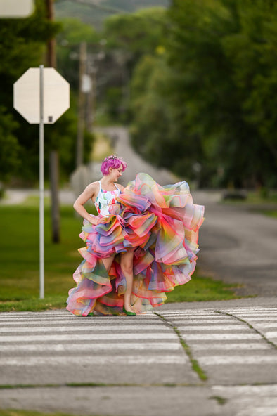 6th Annual Clearance Sale: RETIRED RENTAL: "Raining Rainbows": High-Low: Size 16, fits youth 10-Adult M/L