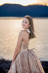 RESERVED for Little Dreamers INSIDERS: Traveling Rental Dress: The Cosette Gown in Gold: Size 16, fits youth 10-Adult M