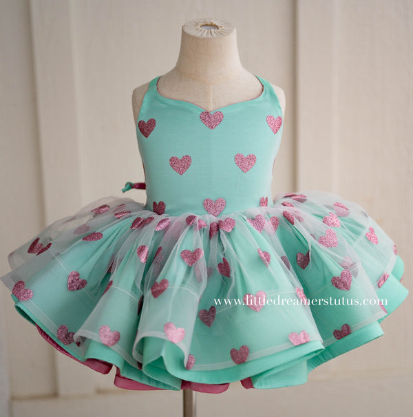READY to SHIP: Aqua V-Day Dress: REVERSIBLE to Rose Pink: Size 5, fits 3-7