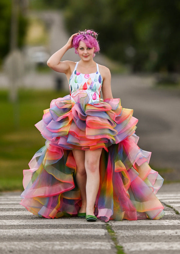 RESERVED for Little Dreamers INSIDERS: Traveling Rental Dress: "Raining Rainbows": High-Low: Size 16, fits youth 10-Adult M/L