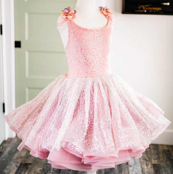 6th Annual Clearance Sale: RETIRED RENTAL: The "Josephine" Gown in Sparkle Rose: Size 12 MIDI LENGTH, fits sizes 8-petite 14