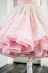 6th Annual Clearance Sale: RETIRED RENTAL: The "Josephine" Gown in Sparkle Rose: Size 12 MIDI LENGTH, fits sizes 8-petite 14