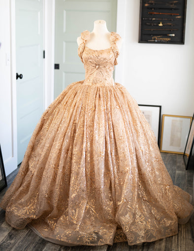 RESERVED for Little Dreamers INSIDERS: Traveling Rental Dress: The Cosette Gown in Gold: Size 16, fits youth 10-Adult M